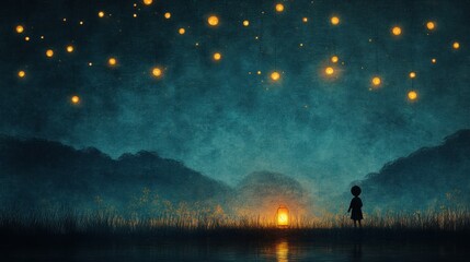 Fototapeta premium Child Gazing at Lanterns in Enchanting Night Sky