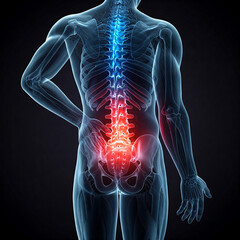 3d rendered illustration of a human body anatomy. 3D render of a transparent human body with a glowing spine highlights lower back pain.
