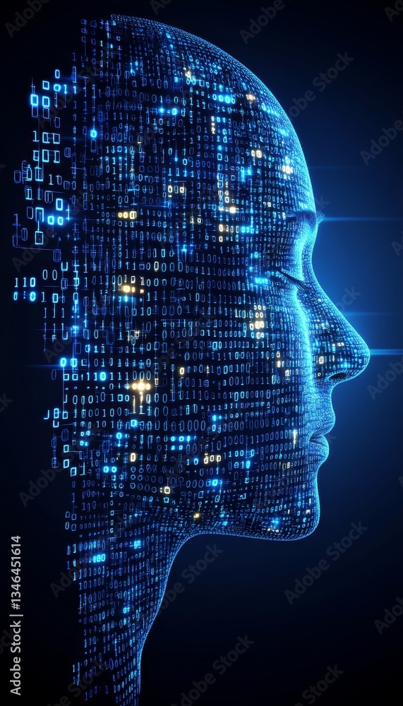 Poster artificial intelligence. digital human face built with glowing binary code on a dark background.