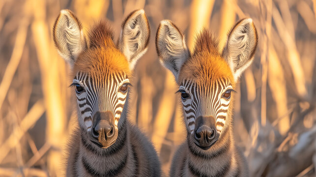 Unique twin okapis standing closely together in a natural setting
