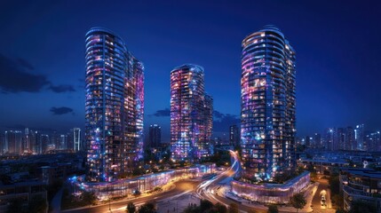 Fototapeta premium Modern illuminated skyscrapers at night