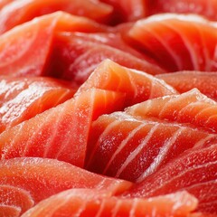 A macro shot of thinly sliced sashimi with tiny droplets of soy sauce.