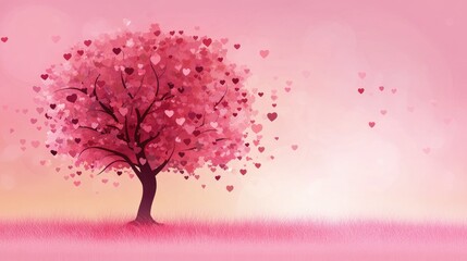 Obraz premium A tree illustration with leaves shaped like tiny hearts on a romantic pink background