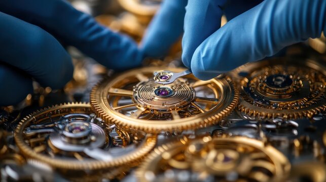 Gloved hands repair intricate clockwork gears in workshop
