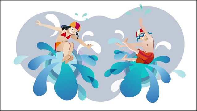 Smiling girl and boy jumping into a pool and splashing. 2D animation