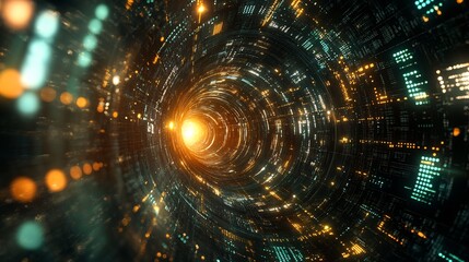 Obraz premium Abstract digital tunnel glows brightly with vibrant warm light. AI Generated