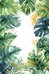 Fototapeta premium Tropical leaf border frame Background wallpaper, white central copyspace. 