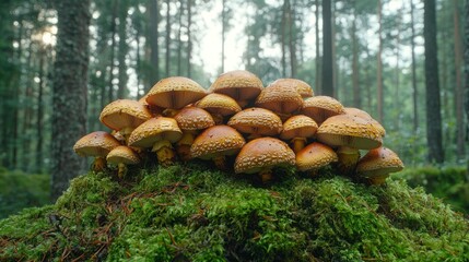 Cluster of mushrooms on mossy forest floor