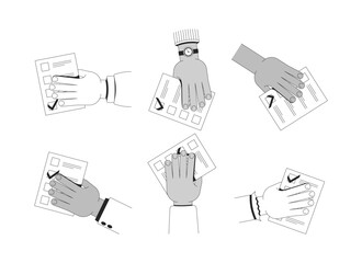 Multiple hands holding voting ballots outline illustration set. Diverse voters with questionnaire sheets checkmarks isolated 2D vector images black and white. Linear drawings clip arts collection
