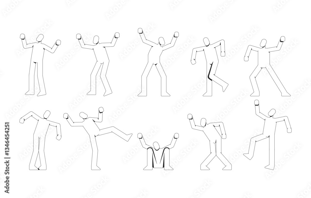 Poster abstract faceless human figures in dynamic poses 2d line characters set. body motion. puppets maniki