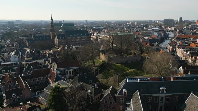 Aerial view of the Burcht van Leiden, an ancient fortress in the city center, surrounded by houses.