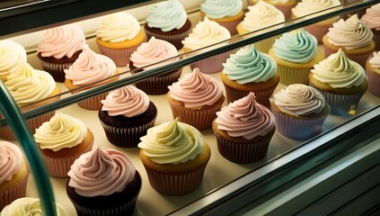pastel colored desserts in a bustling bakery showcase for use in promotional campaigns about sweets or delicious treats