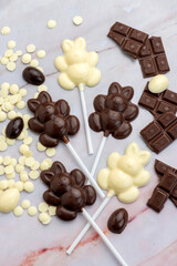 Dark and white chocolate Easter eggs and bunnies with fruit-colored candies and chocolate bars on a counter