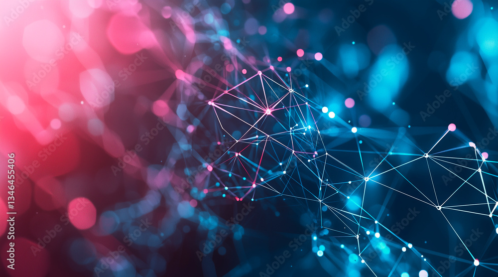 Poster science and technology presentation template with a digital plexus-style network background, copy sp