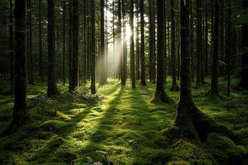 Obraz premium Step into the enchanting verdant forest floor, decorated with a velvety moss blanket, beckoning you on a fascinating journey of awe and charm