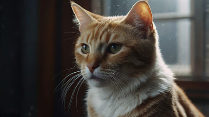 Orange Tabby Cat Portrait Gaze Indoors by Window Natural Light