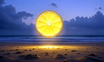 floating lemon slice glowing in golden sunset light over ocean waves. Concept of surrealism and freshness - Powered by Adobe
