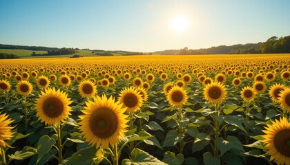 Fototapeta premium Sunlit sunflower field under a bright blue sky