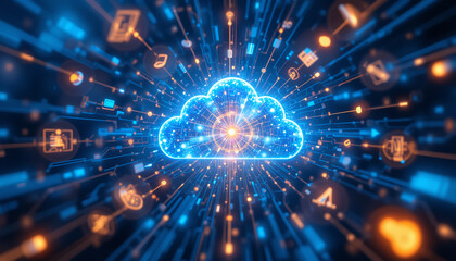 Obraz premium Cloud computing concept with floating data streams and digital connections