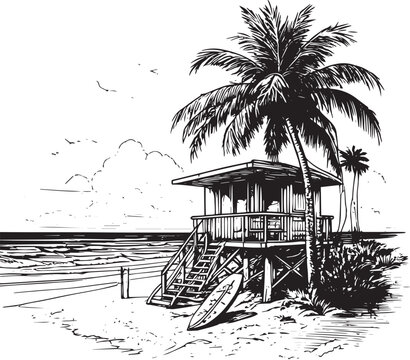 Beach lifeguard station vintage vector illustration