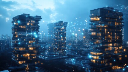 Futuristic city skyscrapers at night, connected by digital network, aerial view, for technology, architecture