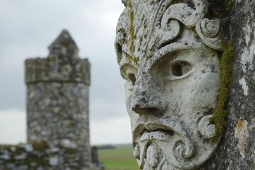 Obraz premium Clonmacnoise - Ireland. Ancient Ruin of Medieval Stone Castle and Church Tower