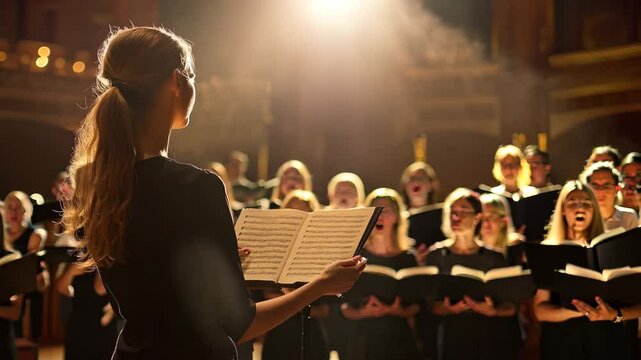 A female soloist stands in front of a choir, holding sheet music as she performs under a spotlight. The warm lighting creates a dramatic, focused atmosphere, capturing the intensity and emotion 