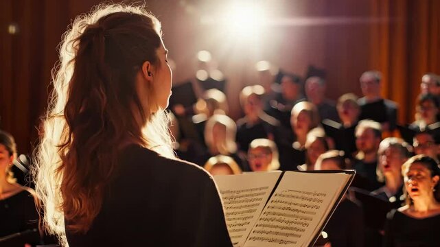 A female soloist stands in front of a choir, holding sheet music as she performs under a spotlight. The warm lighting creates a dramatic, focused atmosphere, capturing the intensity and emotion 