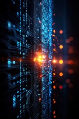 Obraz premium A digital landscape featuring intricate circuitry with glowing lines and binary code, evoking a sense of technology and data flow.