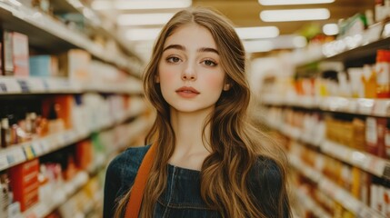 Young woman supermarket aisle shopping beauty portrait