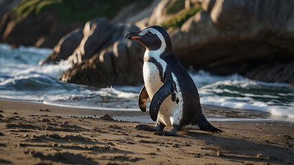 Fototapeta premium Penguin Standing on Beach Sand with Ocean Waves and Rocks Behind