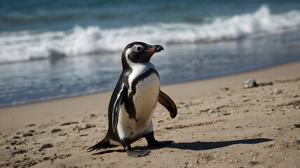Naklejka premium Penguin Walking on Sandy Beach Near Ocean Water on a Sunny Day