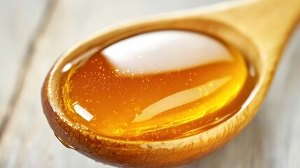 Golden Honey Dripping from Wooden Spoon on Rustic Surface