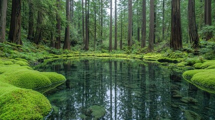 Crystal-clear pond nestled in lush forest