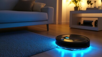 Robot vacuum cleaning carpet, living room, evening, smart home automation