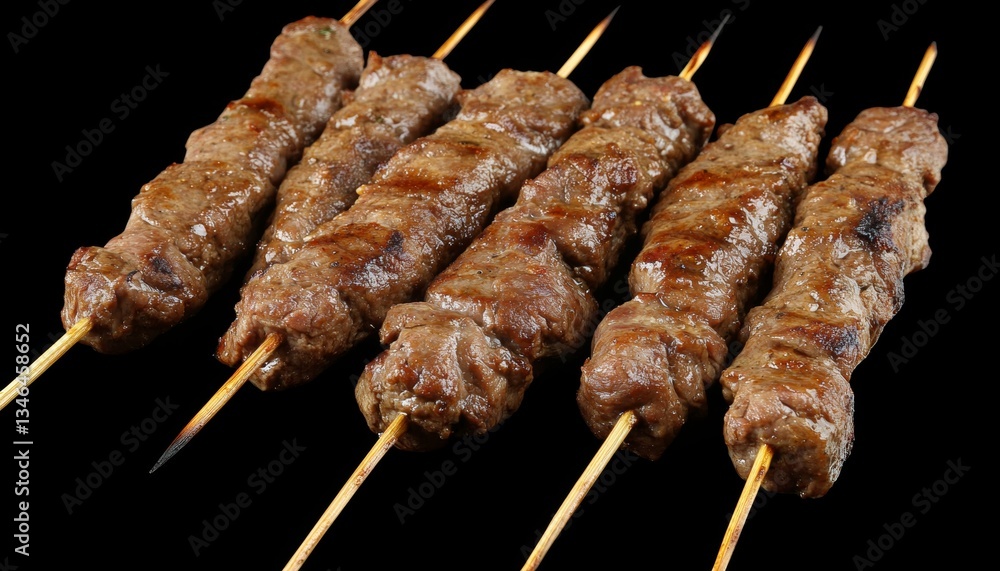 Poster grilled shish kebab skewers with tender beef and spices on a dark background with copy space