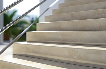 Obraz premium Exterior beige stone staircase with stainless steel handrails
