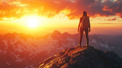 Fototapeta premium Woman hiker sunset mountain peak success adventure travel