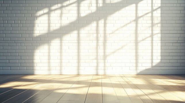 Fototapeta Sunlight streams through window onto white brick wall and wood floor, empty room interior design mockup