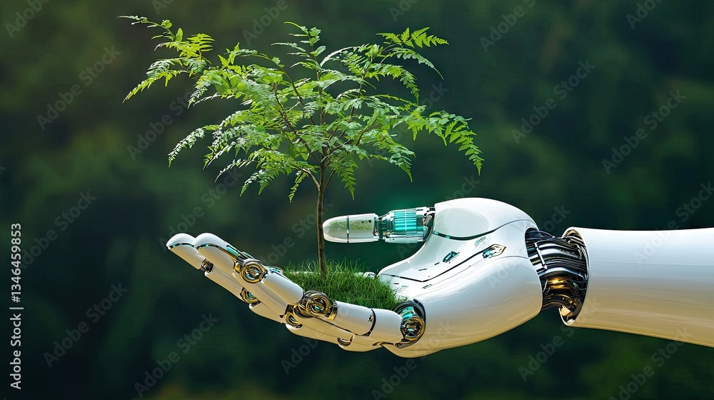 Poster a high-tech robotic hand gently supporting a small tree, representing ai-driven sustainability.