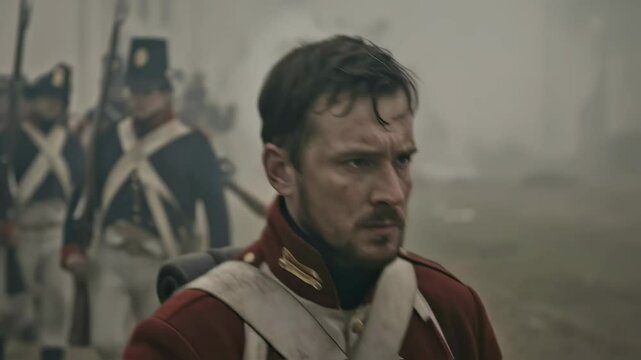 Caucasian soldier in historical military uniform on battlefield. War reenactment scene. Dramatic portrayal for Remembrance Day, Veterans Day, memorial.