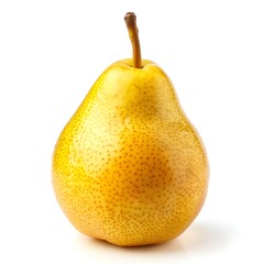 A sun-kissed golden pear, ripe and ready, a symbol of autumn's bounty against a bright white background.