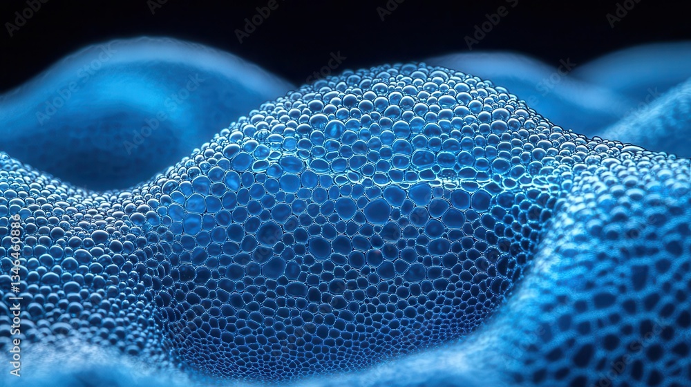 Poster abstract close-up of blue bubbles illustrating depth and texture in a modern design style. copy spac