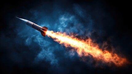 Minimalist rocket illustration with smoke trails on a dark blue backdrop