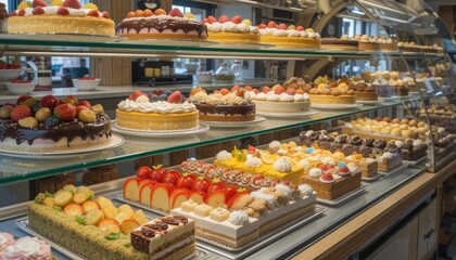 Fototapeta premium Delectable desserts are on display in the pastry store. Cakes of many kinds on glass shelves. Fruits and cream-based sweets were on display. A bakery offers a mouthwatering assortment of delicacies. W