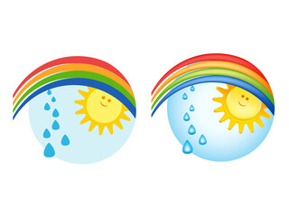 Fototapeta premium Kids icon, print, notepad, stickers, for toys and books, set of flat illustrations and 3d effect with gradient overlay, sun peeking out from behind a rainbow, raindrops, transparent backgrounds