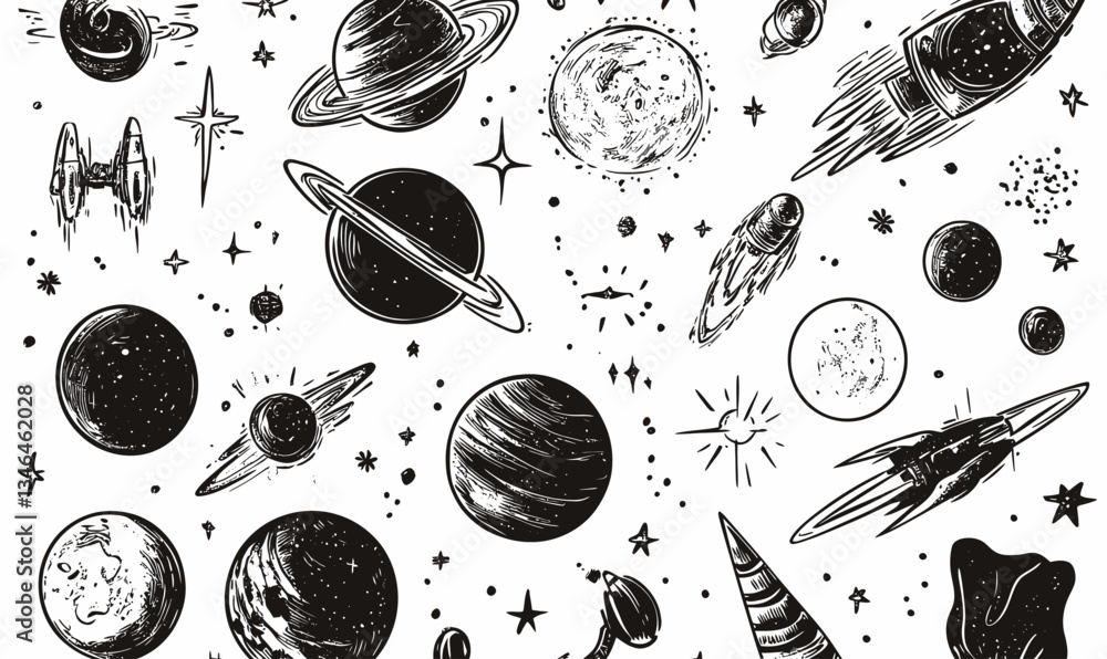 Poster minimalist space sketch with abstract planets, comets, and spaceships in grunge style