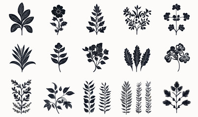 Fototapeta premium Vintage Floral Ornaments Collection: Decorative Plant Silhouettes for Elegant Designs