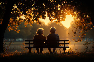 An elderly couple sits on a wooden bench in a beautiful park, surrounded by blooming flowers. They enjoy a peaceful summer evening, sharing a warm moment together