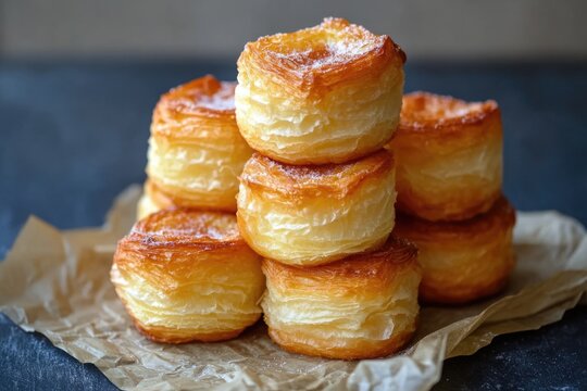 Cronuts. Homemade Crossiant Donuts Stack Fried with Sugar on Crumpled Paper over Dark Wooden Concrete Table
